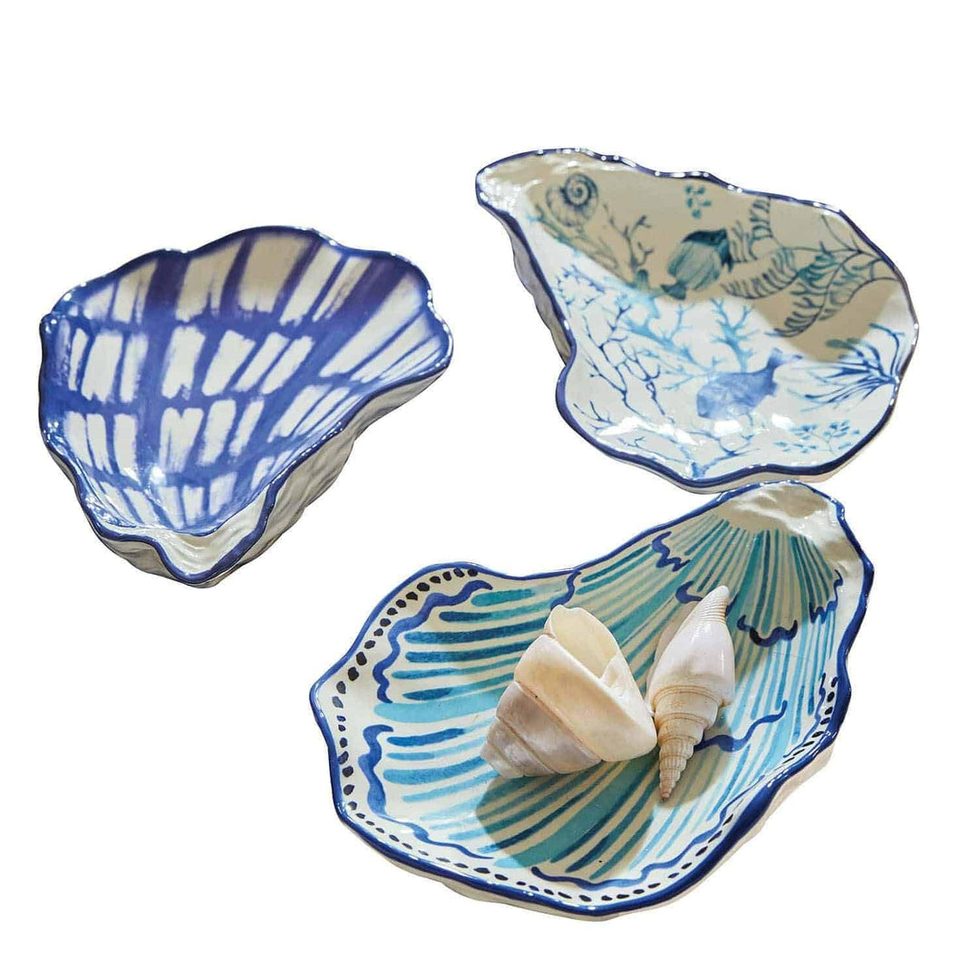 Loberon Schale 3er Set Allarmont, von Hand bemalt, maritimes Flair, Muschelstruktur auf der Untersei
