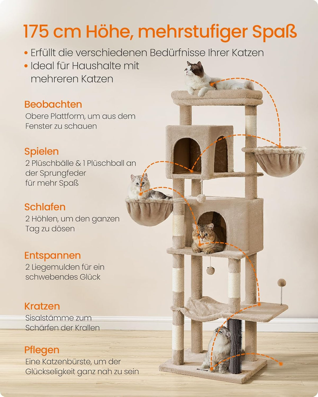 Feandrea Kratzbaum, 175 cm hoch, XL, mehrstöckiger Katzenbaum mit 2 Höhlen, 2 Liegemulden, 5 Kratzsä