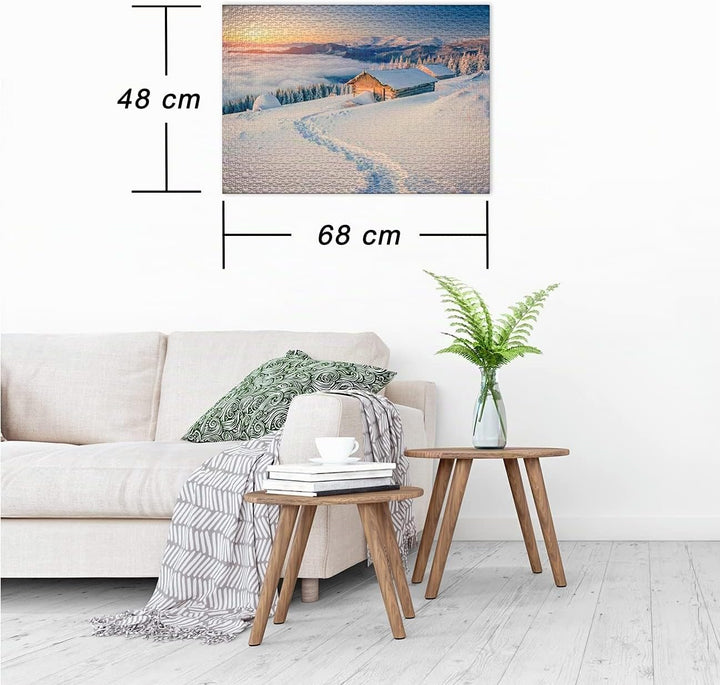 Ulmer Puzzleschmiede - Puzzle „Winteridyll“ - Klassisches 1000 Teile Puzzle – schneebedeckte Berge m