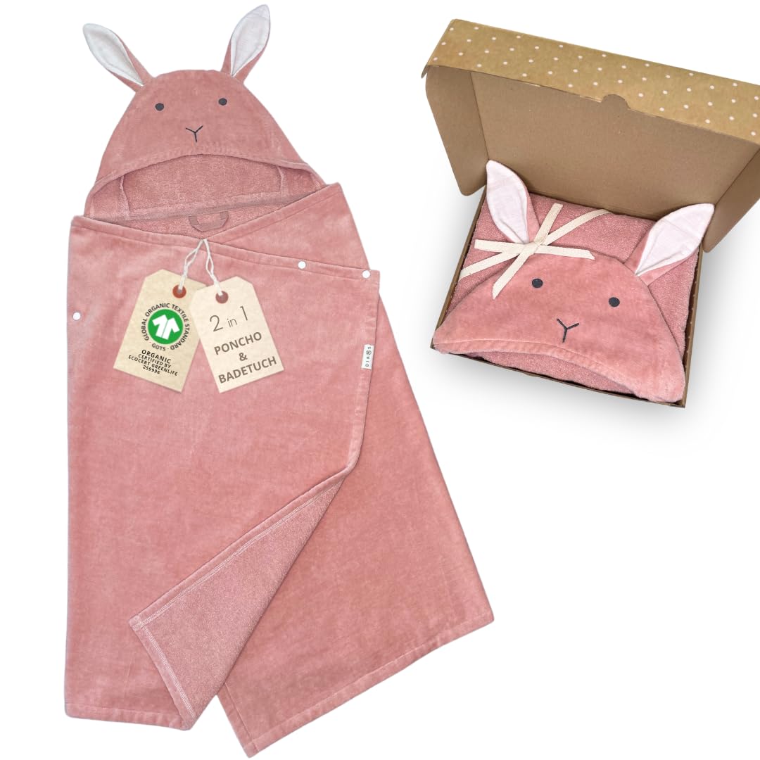 DIKOS® 2-in-1 Kapuzenhandtuch & Badeponcho Baby, Kleinkinder & Kinder Altrosa 70x140 | Ab Geburt Bab