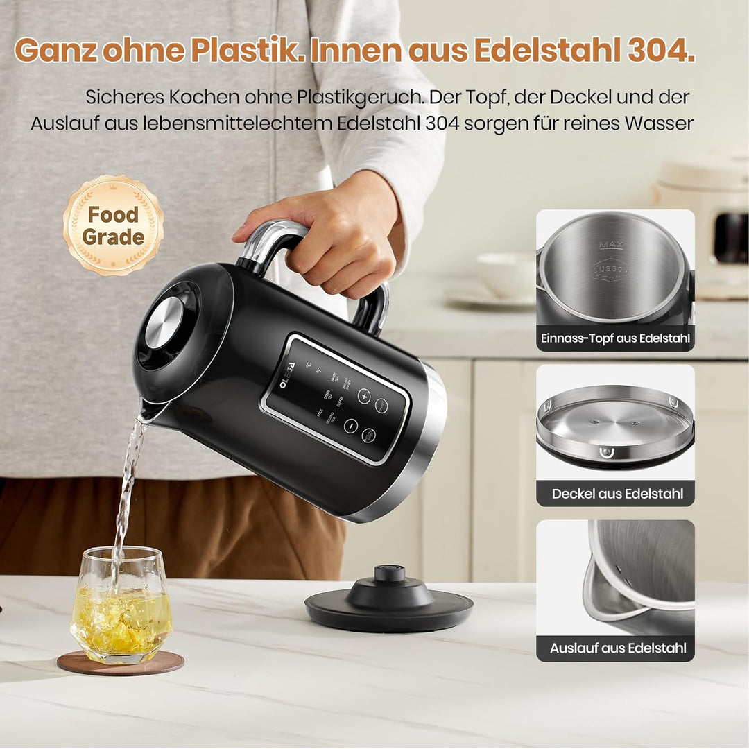 OLEGA Wasserkocher: 1800 W Wasserkocher mit Temperaturregelung, 1,5 l Fassungsvermögen, Edelstahl, S