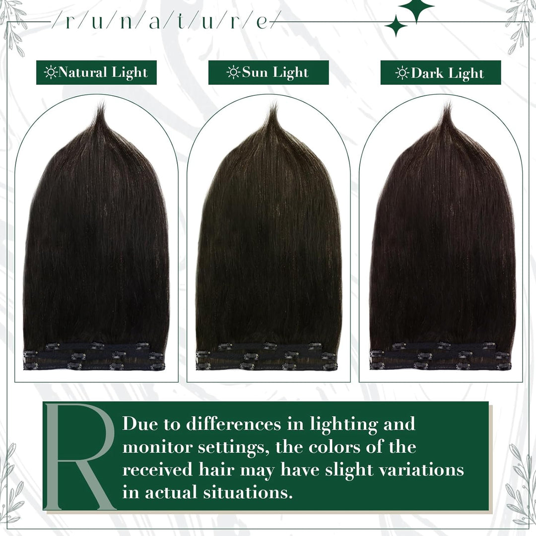 RUNATURE Clip in Extensions Echthaar Schwarz Glatt 40cm Echthaar Extensions Clip Naturliches Schwarz