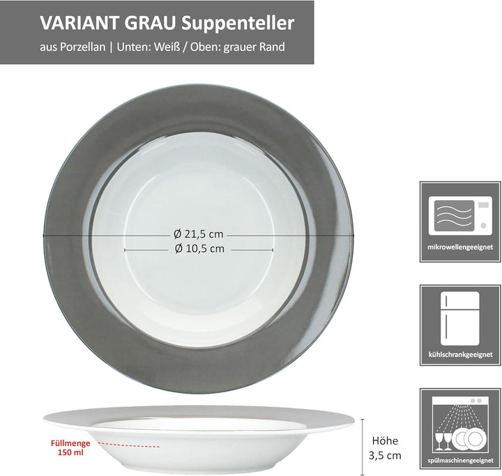 MamboCat 6er Set Variant Grau Suppenteller I farbige Tiefe Porzellan-Teller für 6 Personen I Bunte r