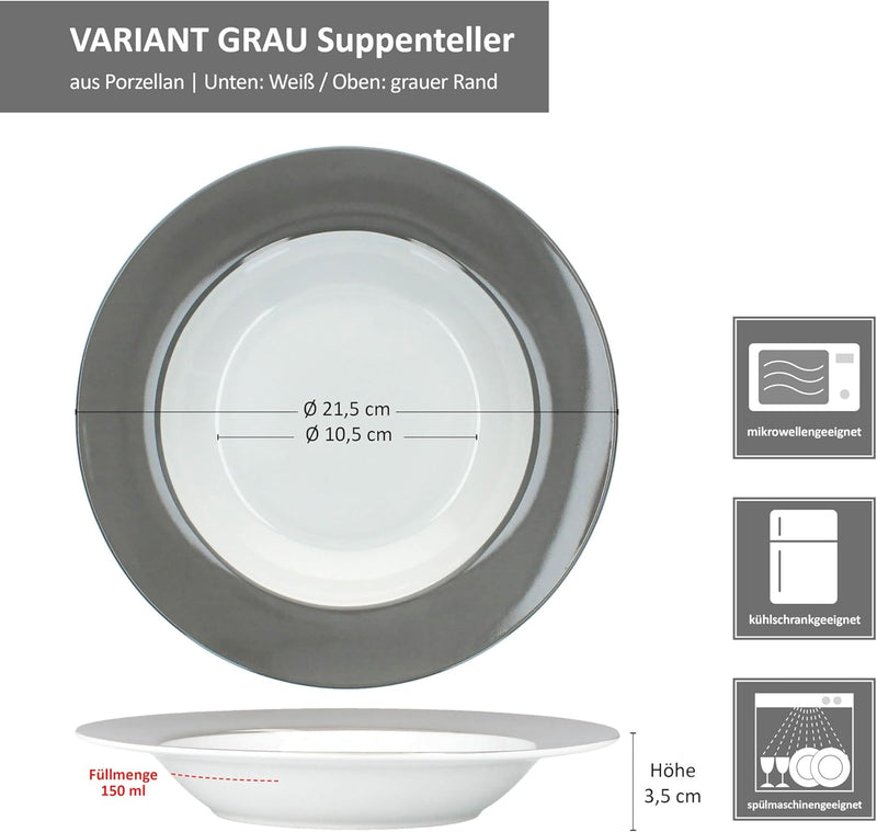 MamboCat 6er Set Variant Grau Suppenteller I farbige Tiefe Porzellan-Teller für 6 Personen I Bunte r