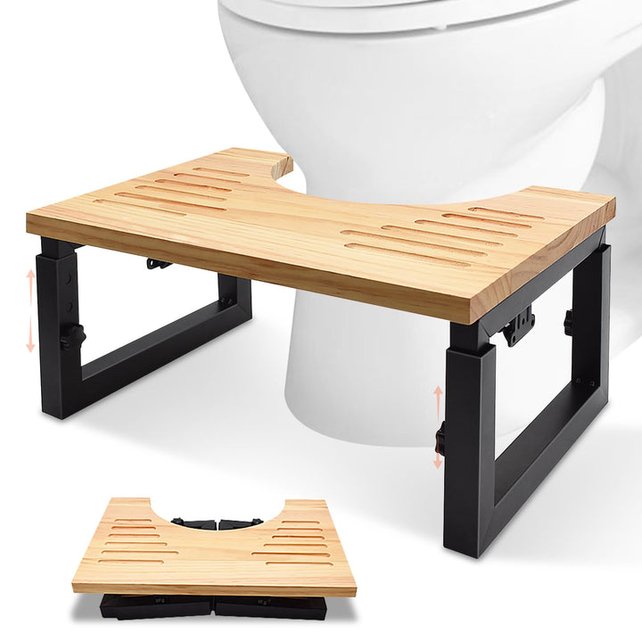 Yiomxhi Toilettenhocker Erwachsene, Höhenverstellbar Klappbar Klohocker aus Holz mit rutschfesten Pa