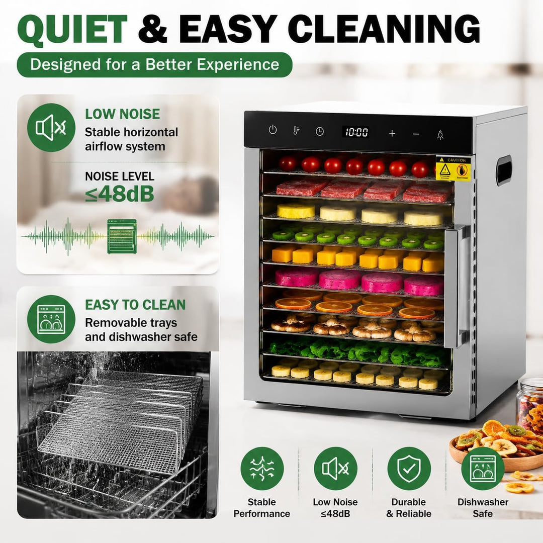800 Watt Dörrautomat, Food Dehydrator mit 10 Edelstahlschalen LED Touch Control Design, Einstellbare