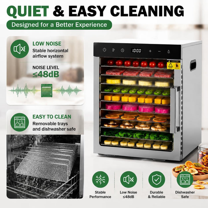 800 Watt Dörrautomat, Food Dehydrator mit 10 Edelstahlschalen LED Touch Control Design, Einstellbare