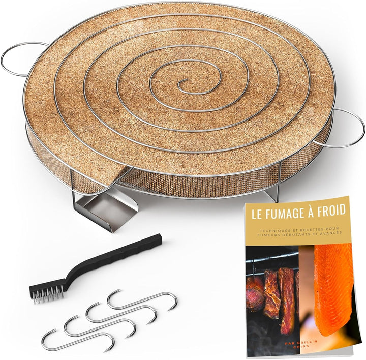 Kaltrauchgenerator (30 cm) /Räucherschnecke für Räucherofen Fleisch und Fisch + 4 Fleischerhaken und