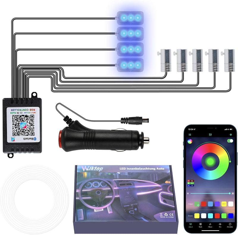 Wilktop led innenbeleuchtung mit APP,2 Zeilen 9 PCS Bunt RGB Auto Led Innenbeleuchtung,Auto-LED-Stre