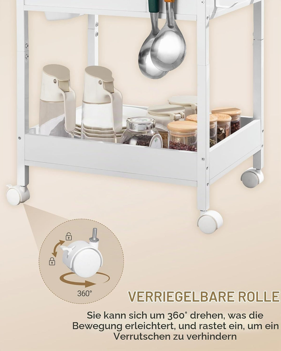 Hzuaneri Rollwagen, Metallwagen, Küchenwagen, 3 Metallgitterablagen, 6 Haken, 2 Hängekörbe, Servierw