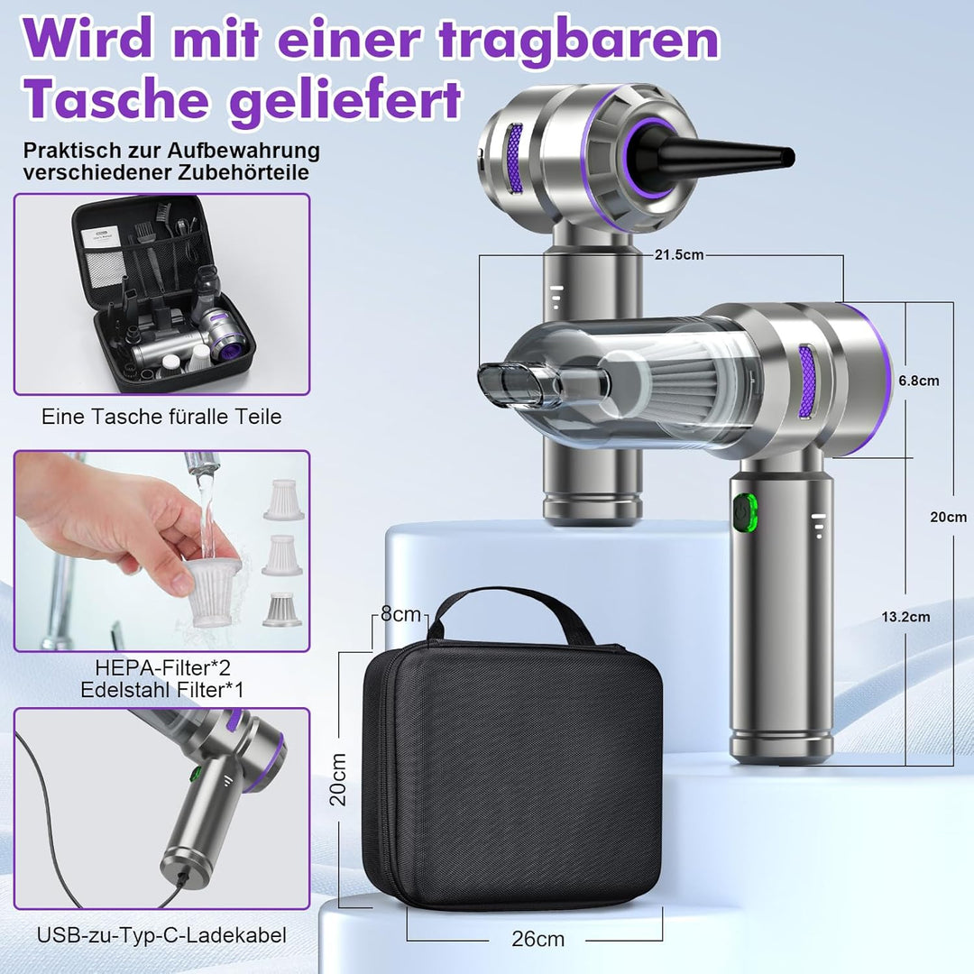 3-in-1 Handstaubsauger Akku,Auto Staubsauger Stark,18000PA Handstaubsauger Kabellos,3-Gang 200000 U/