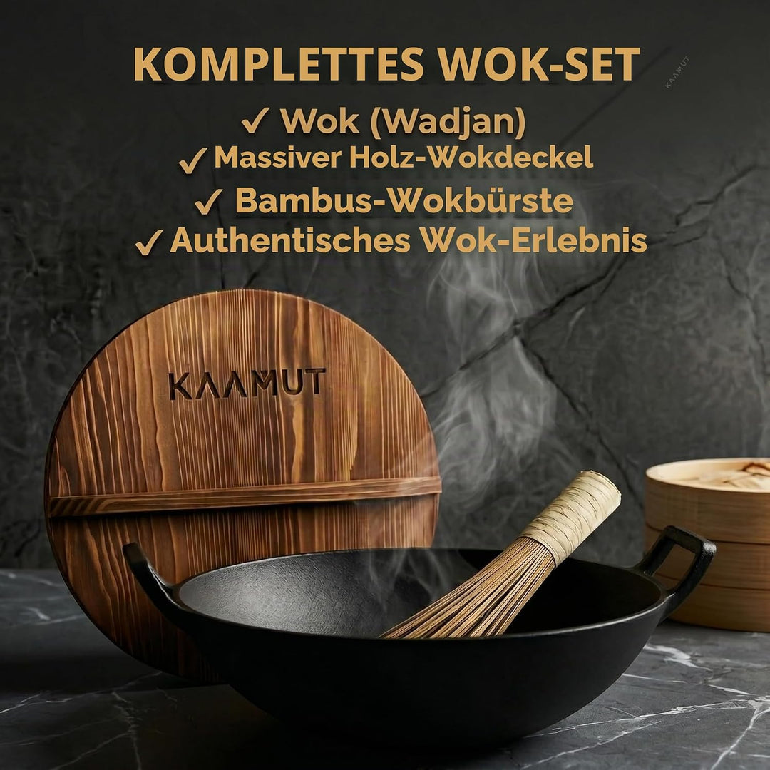 Wok Wadjan Professionell Ø36 aus Gusseisen – Mit Holzdeckel &amp; Bambus-Wokbürste – Für alle Wärmequell