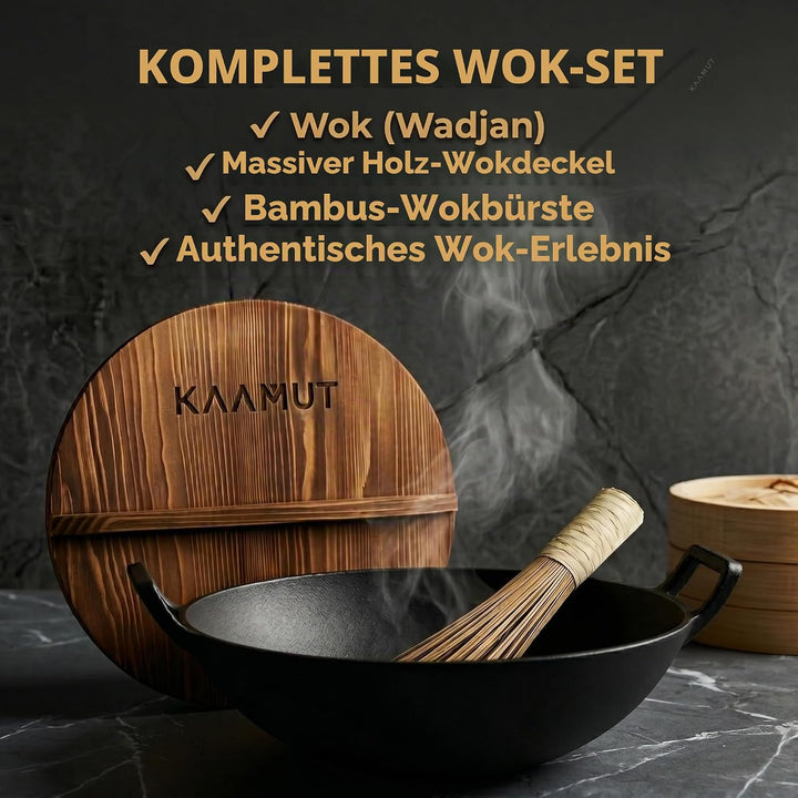 Wok Wadjan Professionell Ø36 aus Gusseisen – Mit Holzdeckel &amp; Bambus-Wokbürste – Für alle Wärmequell
