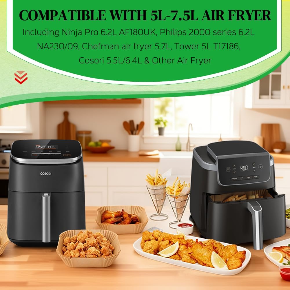 BYKITCHEN 100 Stück Airfryer Backpapier für Philips 6.2L/COSORI 5.5L,6L,6.2L, 20cm-24cm, Heissluftfr