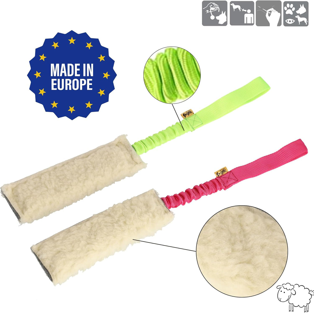 Dingo Set Hundespielzeug Schafwolle mit Griff Bungee 20 cm x 6 cm Grün Beisswürst Pink Beisswurst Ag