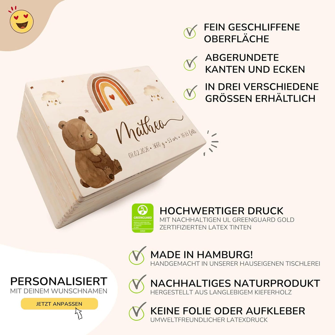 KIDSMOOD - Erinnerungsbox Baby, personalisierte Holzkiste mit Deckel, Ideal zur Aufbewahrung von Eri