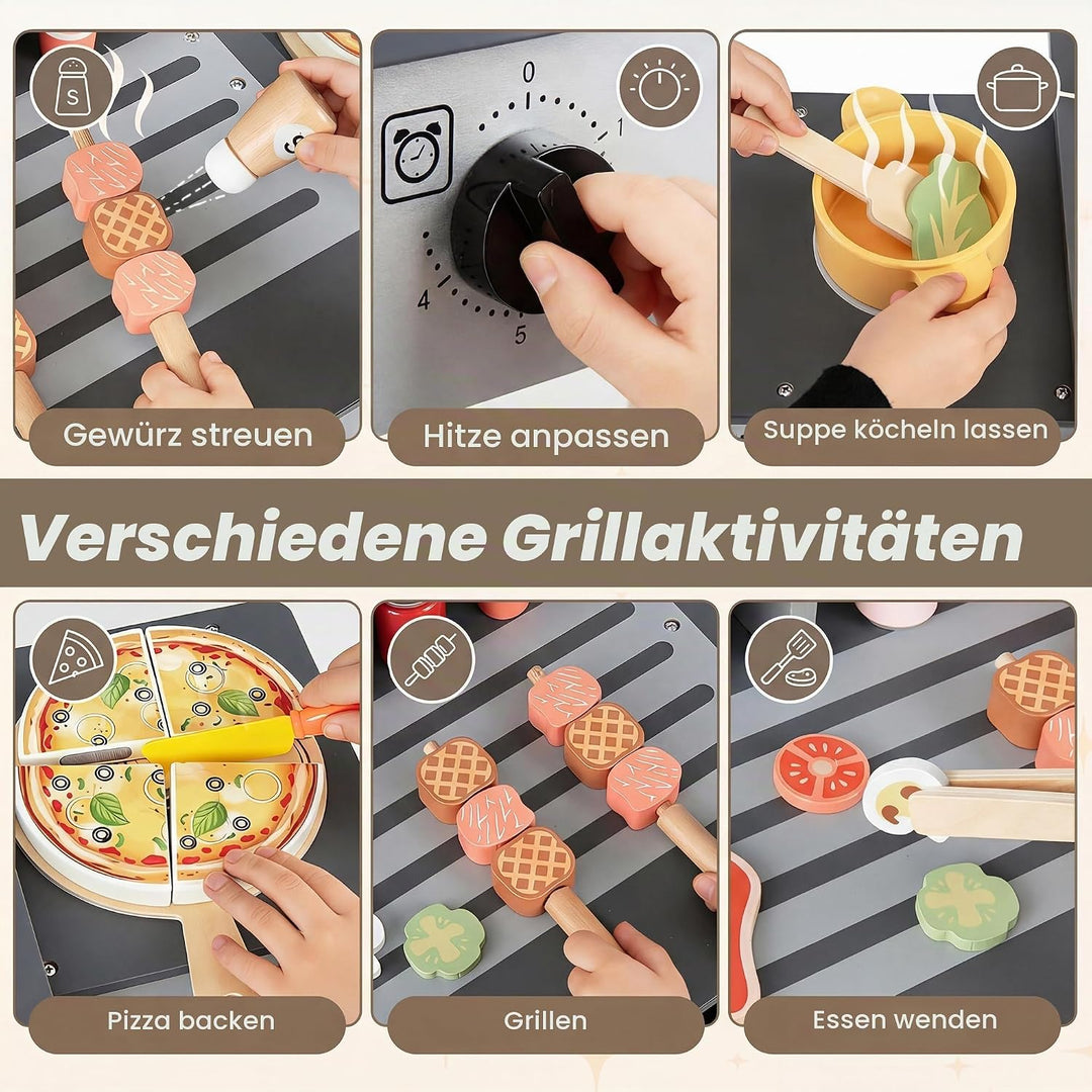 HOMASIS Kinder Grill Spielzeug aus Holz, BBQ Kindergrill-Spielset mit 2 Grillrosten, Verschlussdecke