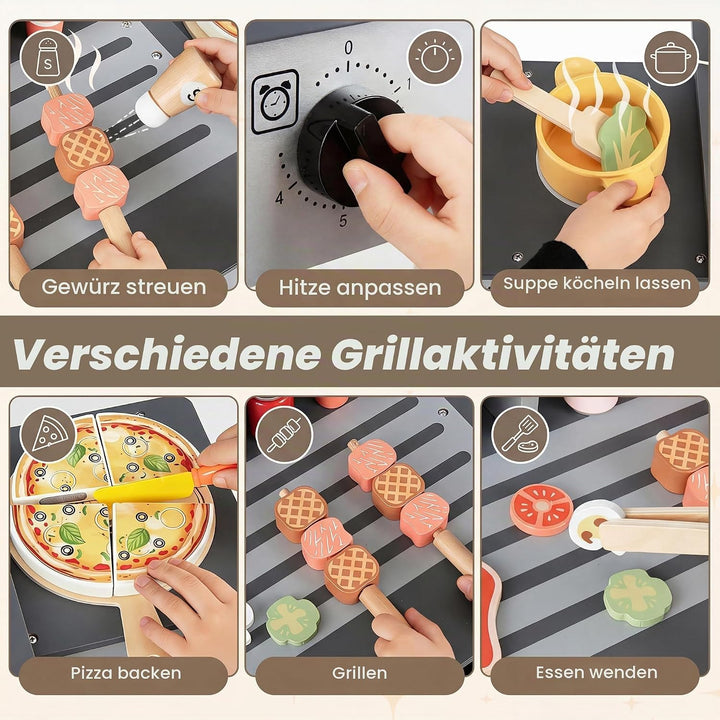 HOMASIS Kinder Grill Spielzeug aus Holz, BBQ Kindergrill-Spielset mit 2 Grillrosten, Verschlussdecke