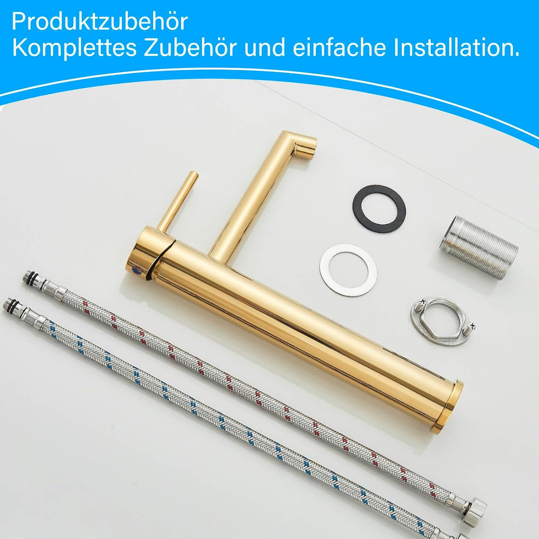 Wasserhahn Bad, Waschtischarmatur Hoch Waschbecken Armaturen in Gold mit Auslaufhöhe 200 MM High,Ein