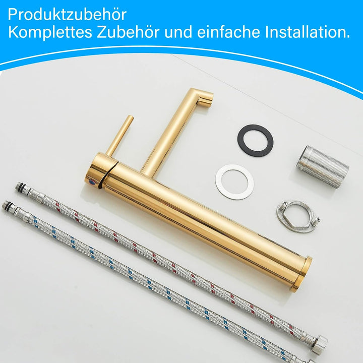 Wasserhahn Bad, Waschtischarmatur Hoch Waschbecken Armaturen in Gold mit Auslaufhöhe 200 MM High,Ein