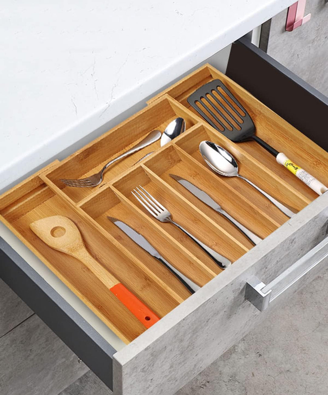 Utoplike Bambus-Besteckkasten, Besteckhalter, ausziehbarer Organizer (5-7 Fächer), Schubladenorganiz