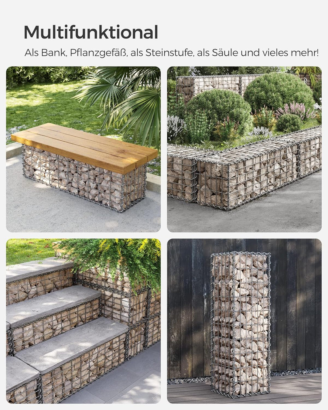SONGMICS Gabionenkorb, Metall-Steinkorb mit 5 x 10 cm Maschenweite für Mauersteine, verzinkt, Steing