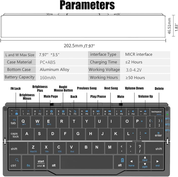 Leise Tastatur Faltbare QWERTY BT mit Magnetischem Ständer, Aluminium Mini Tragbare Kabellose Tastat