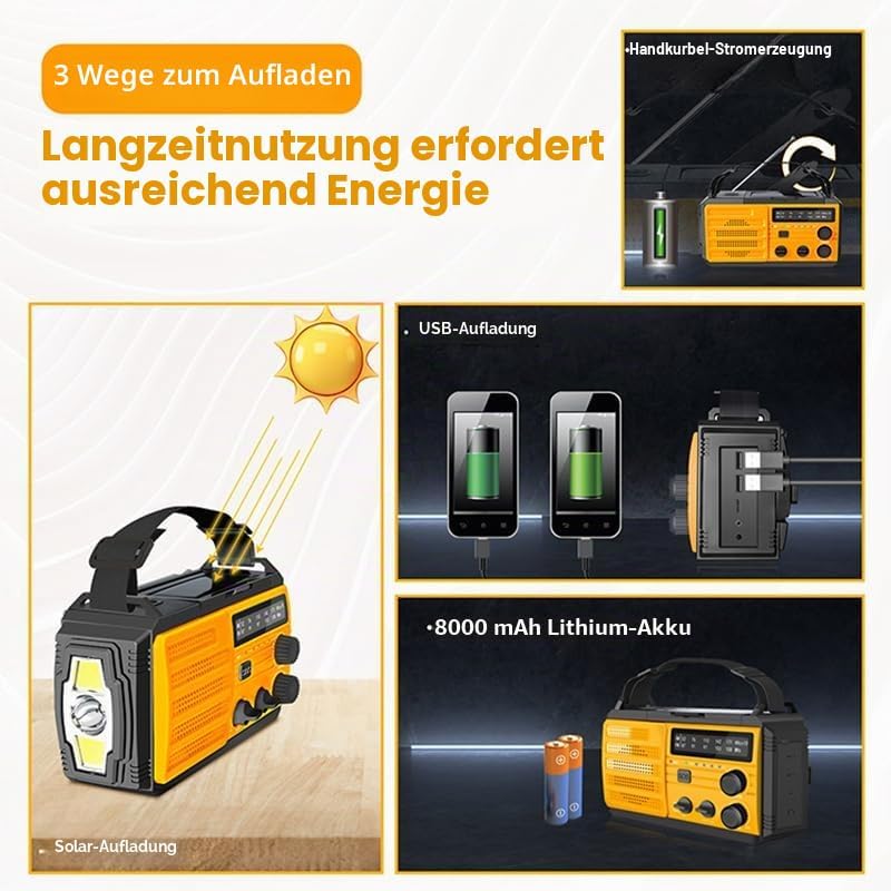 Solar Kurbelradio AM/FM Solar Radio Tragbar Notfallradio mit 8000mAh Wiederaufladbare Batterie, Led