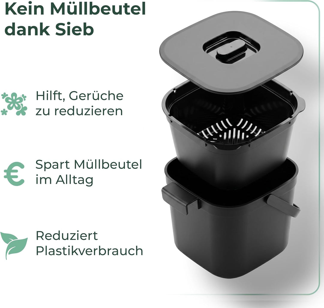 Novaliv Bio-Tischmülleimer 5L Schwarz 2er-Set mit Sieb, Komposteimer Küche mit Klappdeckel, Tragegri