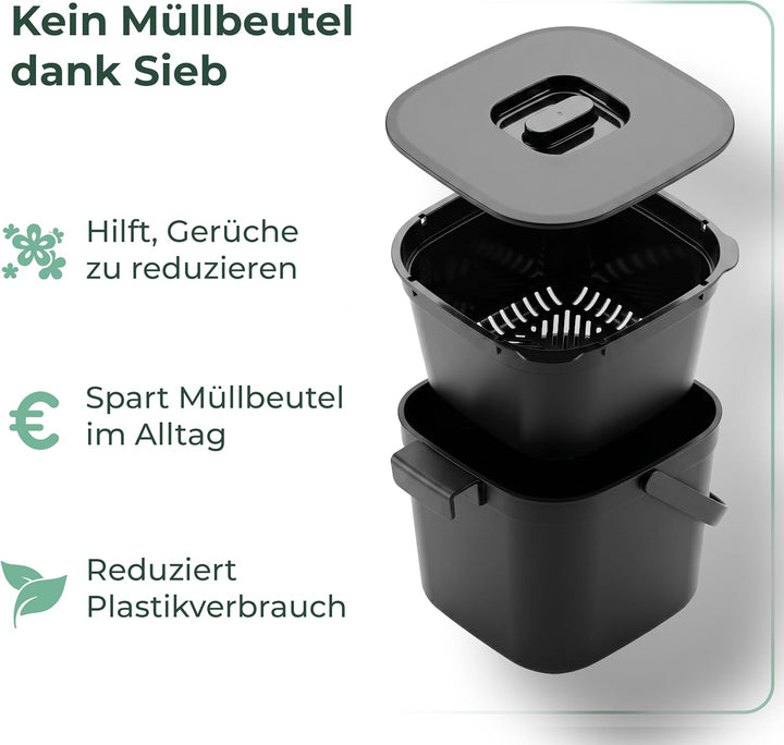 Novaliv Bio-Tischmülleimer 5L Schwarz 2er-Set mit Sieb, Komposteimer Küche mit Klappdeckel, Tragegri