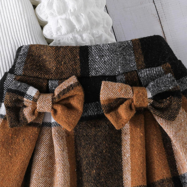 Kleinkind Mädchen Kleidung Puffärmel Langarm Gerippte Oberteile + Bowknot Plaid Mini Rock 2 Stück He