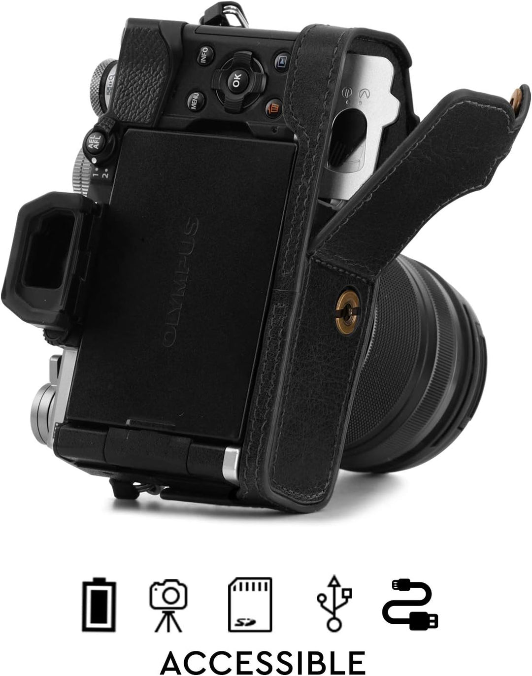 MegaGear MG1864 Ever Ready Kameratasche für Olympus OM-D E-M5 Mark III, Echtleder, Schwarz, Schwarz
