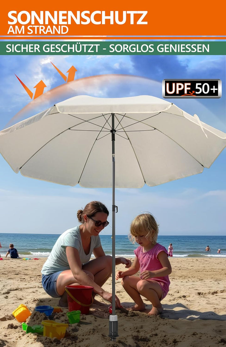 4smile Sonnenschirm Strand SunnyJoy 3-IN-1-SET, Fb. Beige - Strandschirm Ø 180 cm + Bodenhülse + Sch