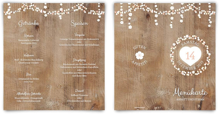 10 x Menükarten Hochzeit Menü individuell Klappkarten Speisekarten Getränkekarten - Holz Lichtgirlan