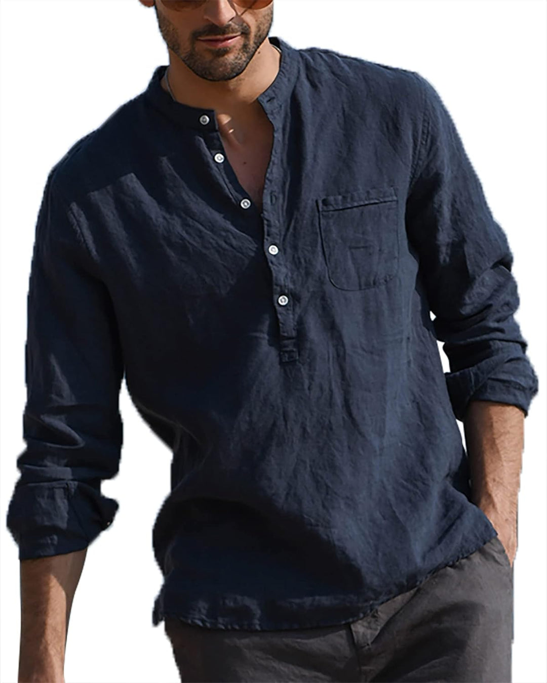 LVCBL Hemd Herren Langarm Henley Sommerhemd Herren Freizeithemd Leinenhemd Regular Fit Men Shirts XX