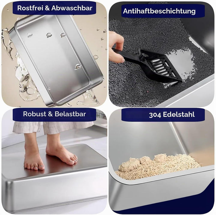 Edelstahl Katzentoilette 2er Set mit hohem Rand | geruchsneutral & leicht zu reinigen | rutschfeste