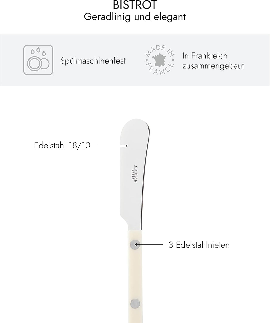 SABRE PARIS - 2er Set Buttermesser 14 cm - Bistrot - Ideal Für Butter, Aufstrich - Edelstahl & Nylon