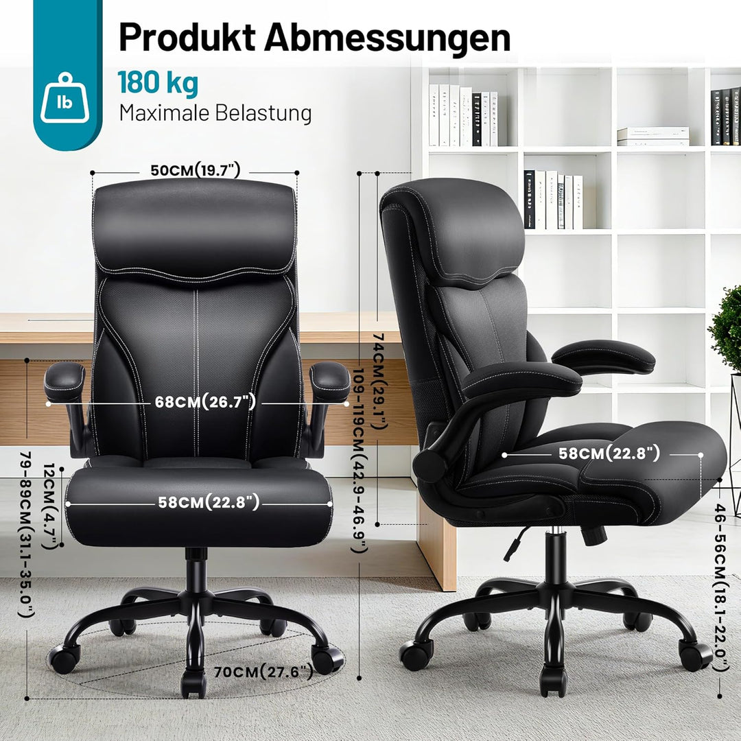 Chefsessel aus PU-Kunstleder, Bürostuhl Ergonomisch mit Verstellbaren Armlehnen und Hoher Rückenlehn