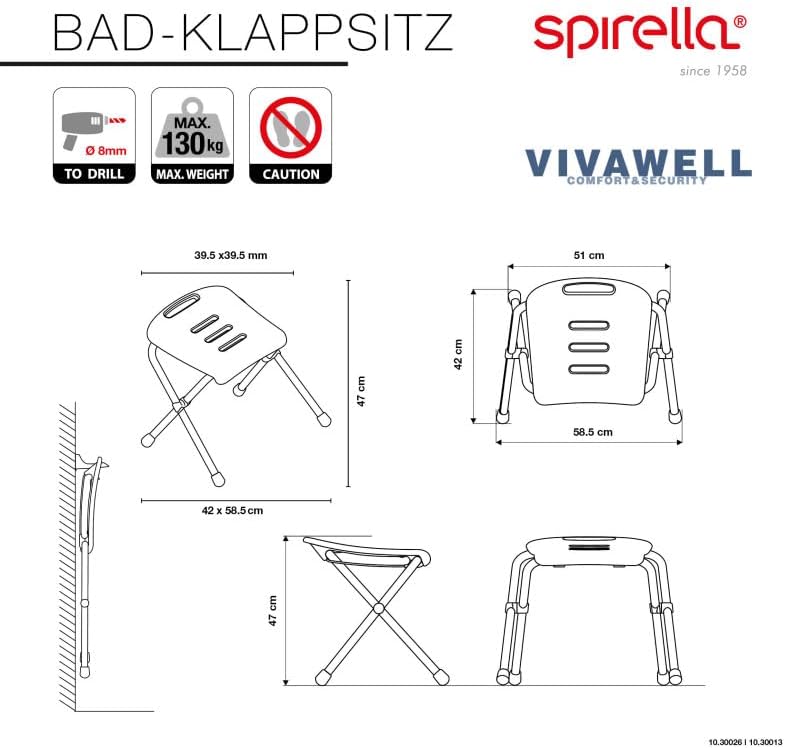 Spirella Vivawell Duschhocker Badhocker Duschklappsitz klappbar mit rutschhemmenden Füssen