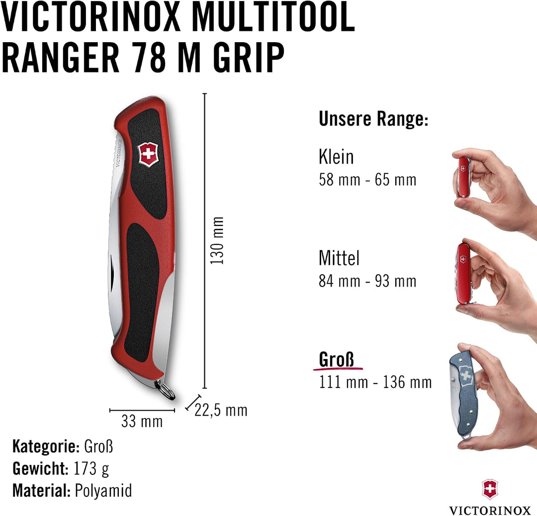 Victorinox Taschenmesser Ranger Grip 78 (12 Funktionen, Einhand-Feststellklinge) rot/schwarz Single,