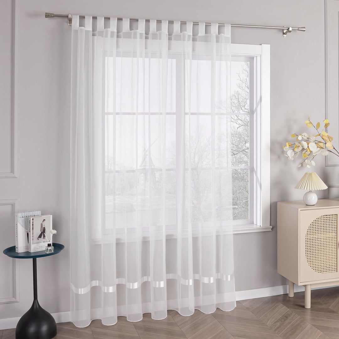Stores Voile Gardine Schal Transparenter Vorhang mit Satinband Schlaufen H/B 145/300 cm Weiss H145 x