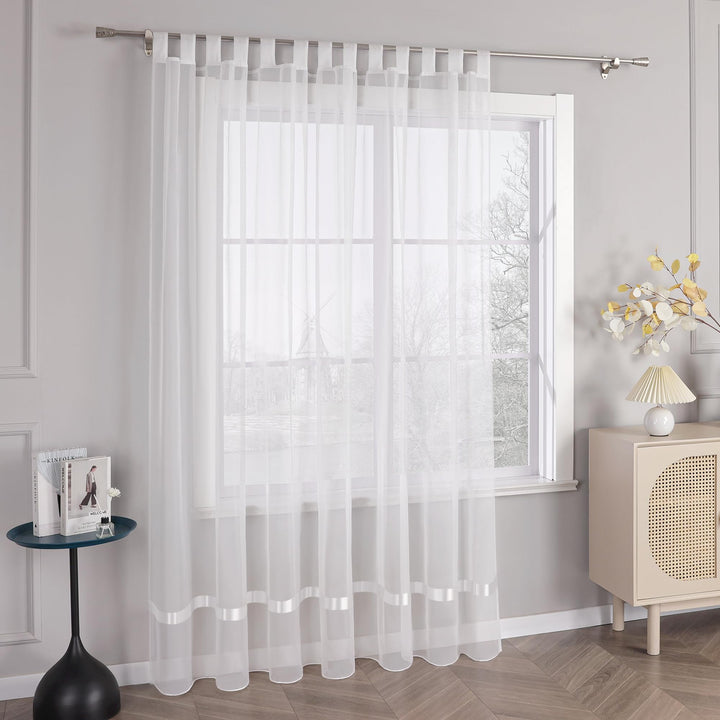 Stores Voile Gardine Schal Transparenter Vorhang mit Satinband Schlaufen H/B 145/300 cm Weiss H145 x