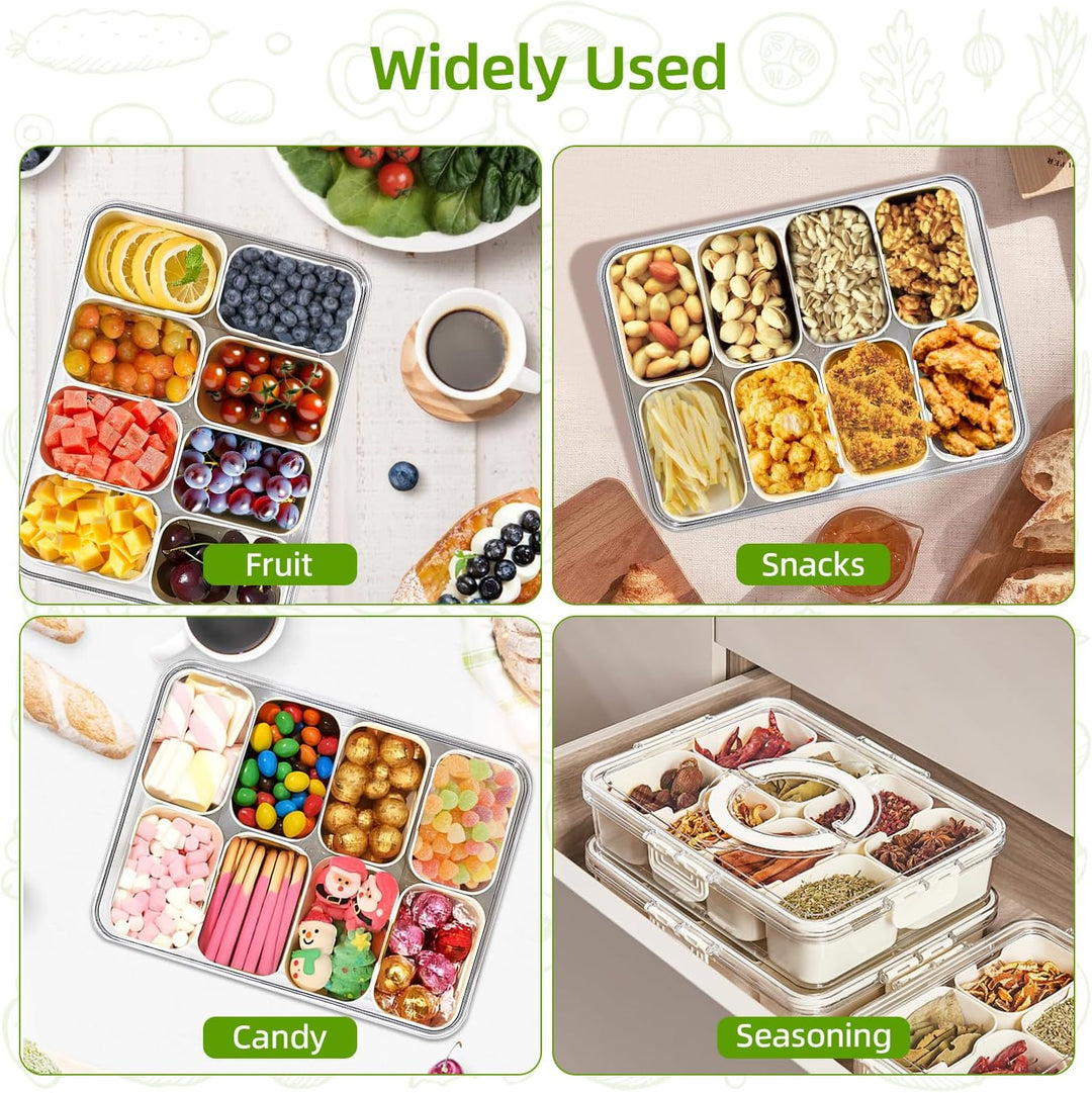 Carehabi Snackbox mit 8 Fächern, Snackteller mit Deckel und Griff, Snackdose Organizer für Snacks Sü