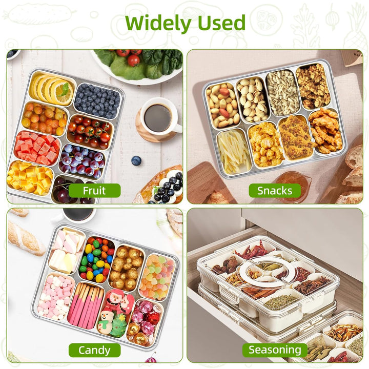 Carehabi Snackbox mit 8 Fächern, Snackteller mit Deckel und Griff, Snackdose Organizer für Snacks Sü