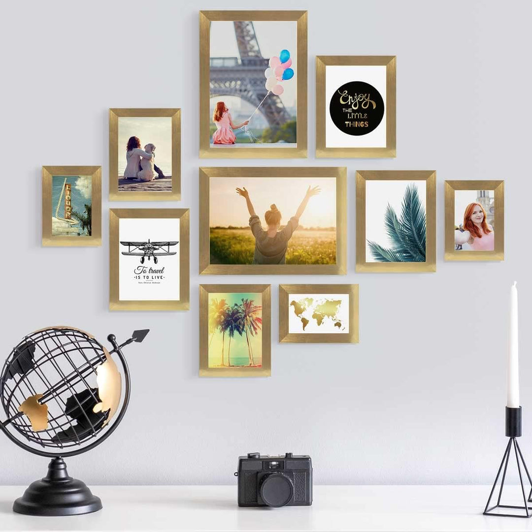 PHOTOLINI Bilderrahmen Set Gold, Fotorahmen Holz MDF, 10er Bilderrahmenset Wand Collage, photo frame