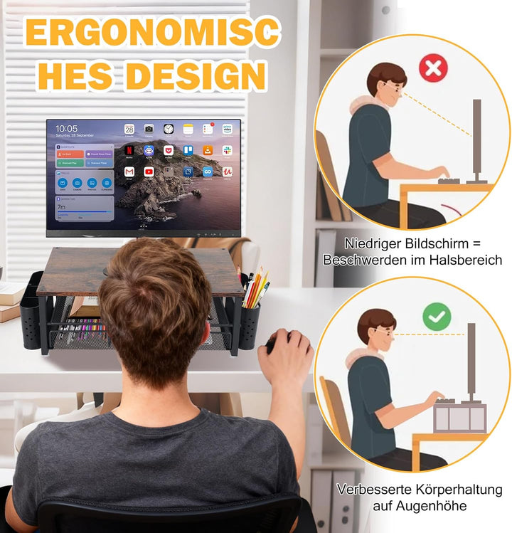 Monitorständer mit Schublade und 2 Stifthaltern, Schreibtisch-Organizer 40 × 25.5 × 15.5 cm Bildschi