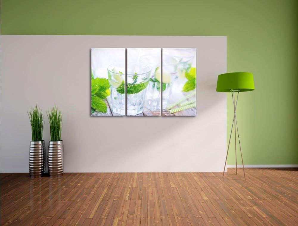Pixxprint Mojito-Gläser mit Minze / 3-Teilig/Gesamtmass 120cm Leinwandbild bespannt auf Holzrahmen/W
