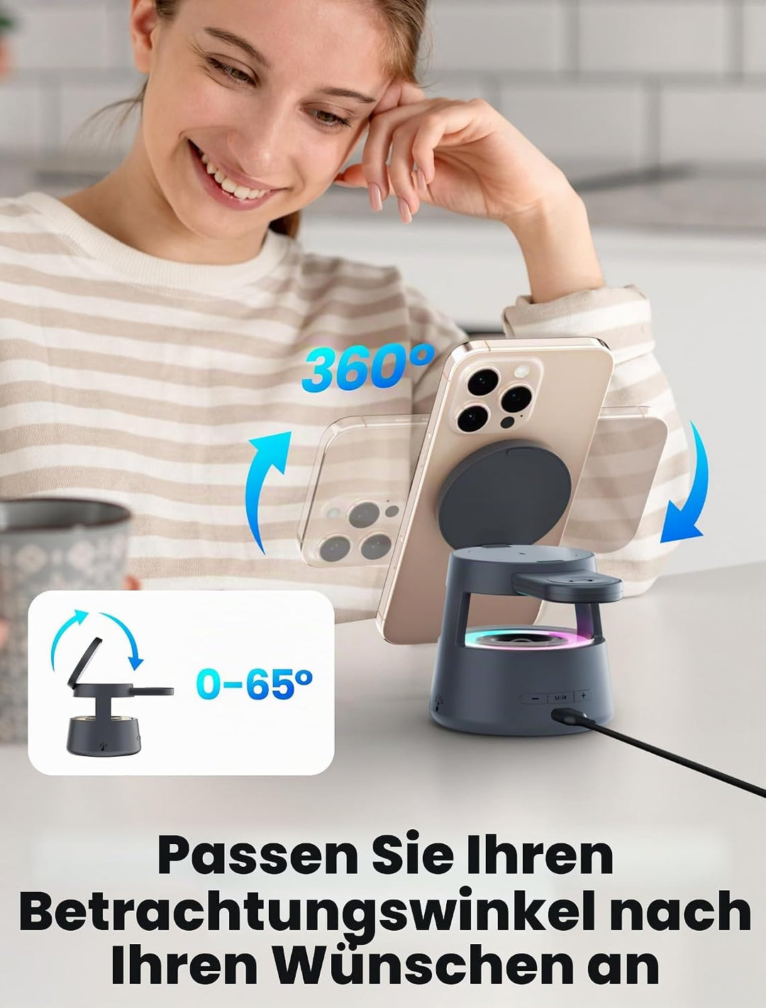 NEUTYPECHIC Bluetooth-Lautsprecher mit Induktionsladegerät 5-in-1, Schreibtischlampe, Halterung 65°