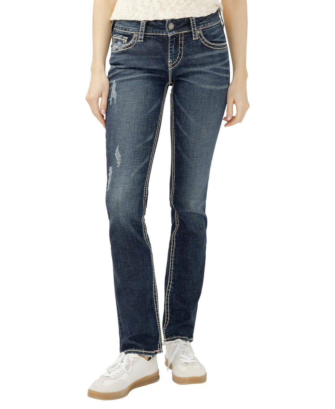 SILVER JEANS Damen Suki Mid Rise Slim Bootcut Plus Size Jeans 24W / 32L Vintage Dark Wash mit Lurex-