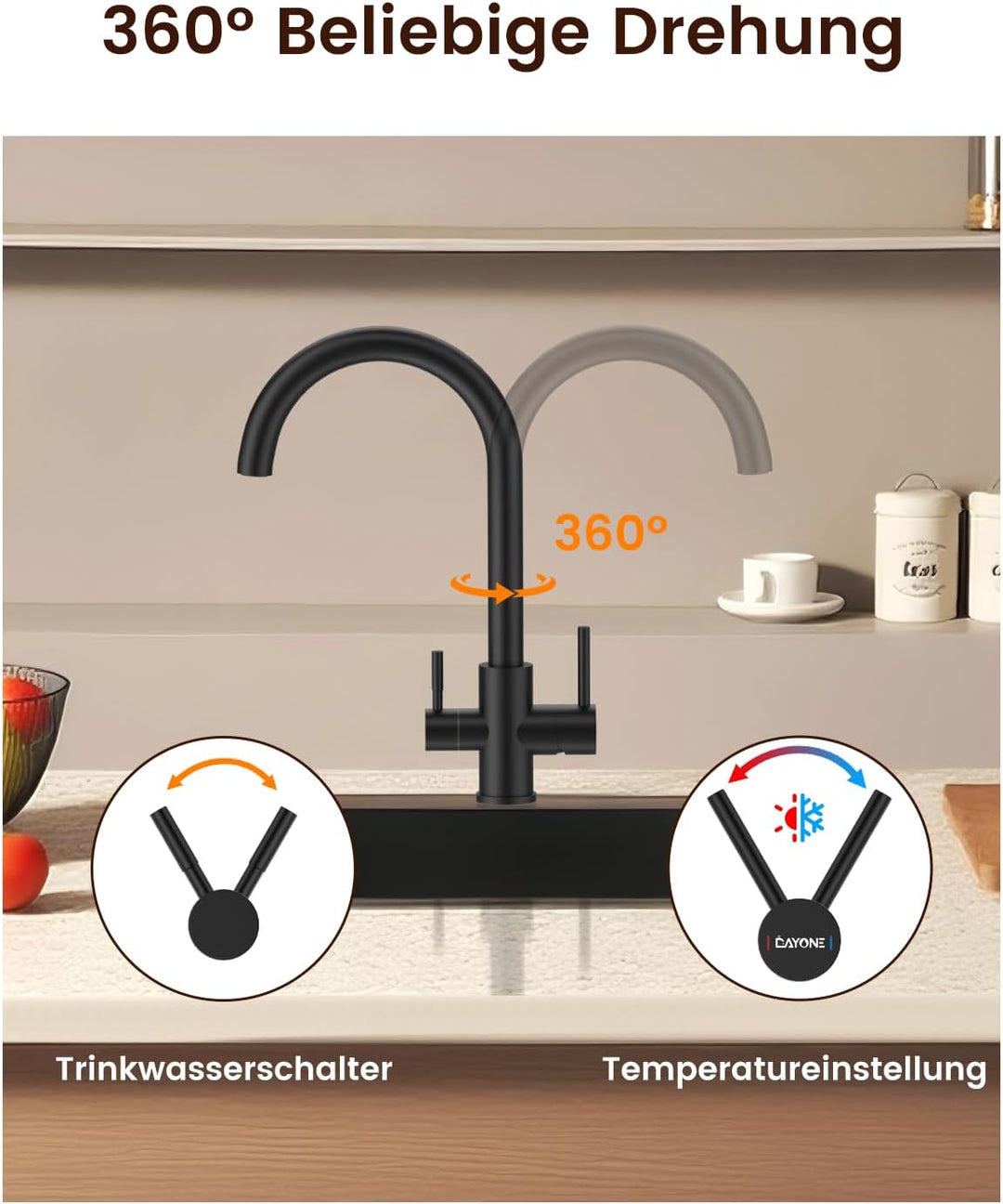 DAYONE Schwarz 3-Wege Wasserhahn für Küche, Trinkwasserhahn mit 2 Hebel, 360° Drehbar Küchenarmatur